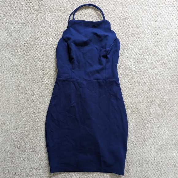 Lulu's Lush Brand Blue Scallop Bodycon Mini Dress High Neck with Strappy Back - Picture 3 of 5